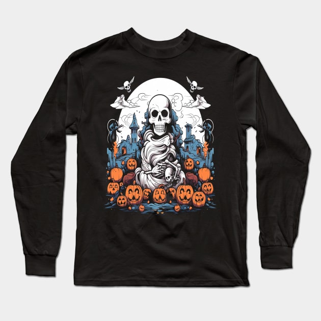 Halloween Monk Skeleton Long Sleeve T-Shirt by pa2rok